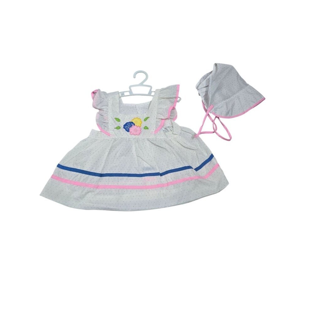 Vintage 90s Cradle Togs Ruffle Dress Bonnet Flowers Pink Blue